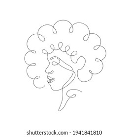 Vector One Line Drawing of Black Woman Face. African Female Minimalist Portrait. Isolated on White background. Outline Illustration.