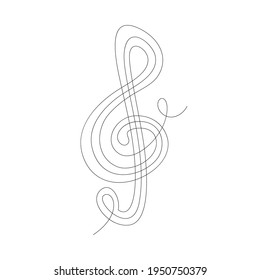 Vector One Line Drawing of Black Treble Clef. Isolated on the White Background. Musical Print.