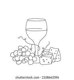 Vektorgrafik einer Linie Zeichnung von einer Flasche Wein, einem Glas und einem Haufen Weintrauben. 