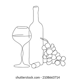 Dibujo vectorial de una línea de una botella de vino, un vaso y un montón de uvas. 