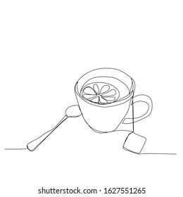 vector, one line drawing, cup with tea and lemon