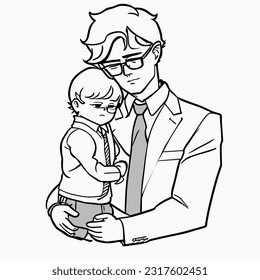 Vector one line drawing father and child