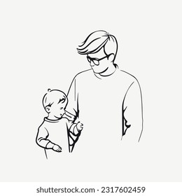 Vector one line drawing father and child