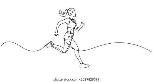 vector one line drawing girl running, Continuous single drawn one line girl on a run, single continuous line drawing of a young woman athlete running fast. Sport running woman concept of sports.
