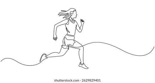 vector one line drawing girl running, Continuous single drawn one line girl on a run, single continuous line drawing of a young woman athlete running fast. Sport running woman concept of sports.