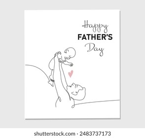 Vector one line drawing greeting card for Happy Father Day. Vector illustration of father holding a new born baby in oneline style on white background