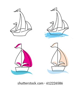 Vector one line drawing with the image of sailing ship yacht with sails. Luxury boat for your design. Hand drawn minimalism style vector illustration.