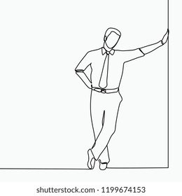 Vector one line drawing of a man wearing a suit feeling freedom and relax lean on the wall.