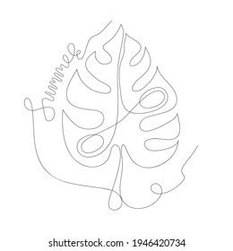 Dibujo de una línea vectorial de la hoja de Monstera. Impresión tropical con verano con letras. Ilustración moderna de esquema.