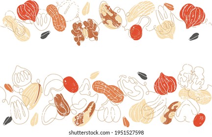 Vector One line Drawing  Seamless patterns with  Various Nuts and Seeds. Can be yused as Background, frame, template, border, backdrop, label, banner, flyer, card, cover, texture.