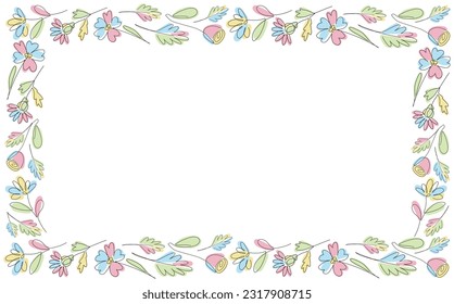 Vector one line flowers frame, pastel floral rectangle border,  simple wedding plant invitation card