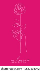 vector one line illustration of a cute composition in one line style. Human hand with a rose and Love inscription below.