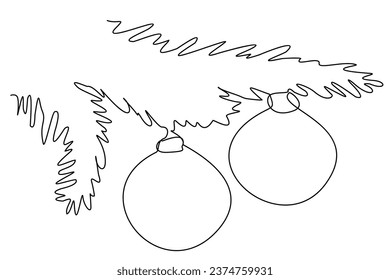 Vector one line illustration of a fir tree branch with decorative ball. Christmas theme design isolated on white. Template for Greeting card, Festive invitation, Holiday decoration, Placard.	
