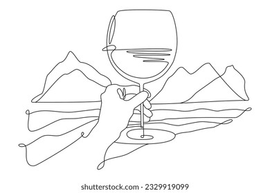 Vector Ilustración manual de una línea sosteniendo un vaso de vino con montañas y mar en estilo minimalista sobre fondo blanco