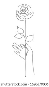vector one line illustration of a human hand holding a rose isolated on white
