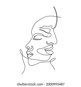 Vector one line illustration of man and woman faces isolted on white background