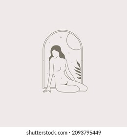Vector one line illustration of sitting woman with palm leaf. Tattoo artwork. Boho logo