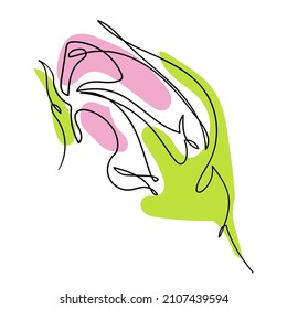 Vector one line illustration of a stylized rose with pink and light green color shapes. Floral element for invitation, label or fashion design.