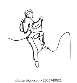 Vector one line illustration. Woman rock climber climbs the mountain.