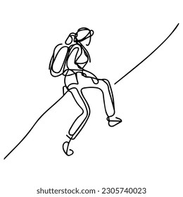 Vector one line illustration. Woman rock climber climbs the mountain.