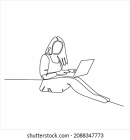 Vector one line Illustration of a young woman in front of a laptop, holding a credit card. Continuous Line Drawing of Concept online shop, easy pay