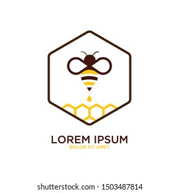 Vector one line logo icon or emblem with golden honeybee and honeycombs. Abstract modern design template. Outline bee illustration. Concept for honey package design.