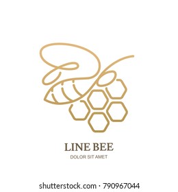 Vector one line logo icon or emblem with golden honeybee and honeycombs. Abstract modern design template. Outline bee illustration. Concept for honey package design.