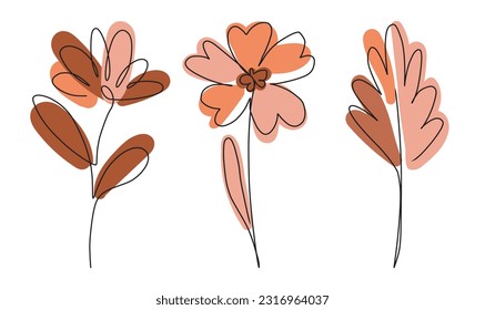 Vector One Line minimal flower set, Isolated on white, linear floral design, Contour wedding decor
