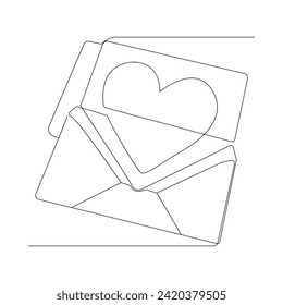 Vector one line postal paper sealed on envelope with heart proposal of love and relationship. Vector aesthetic love letter continuous one line art drawing