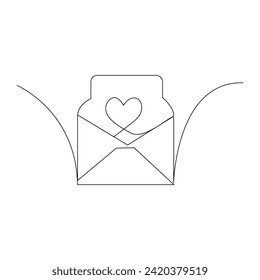 Vector one line postal paper sealed on envelope with heart proposal of love and relationship. Vector aesthetic love letter continuous one line art drawing