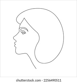 Vector one line pretty woman portrait in profile. Line black and white minimal illustration. Beauty logo.