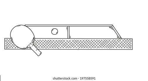 Vector, One Ping Pong Racket, Net And Ball, Sketch