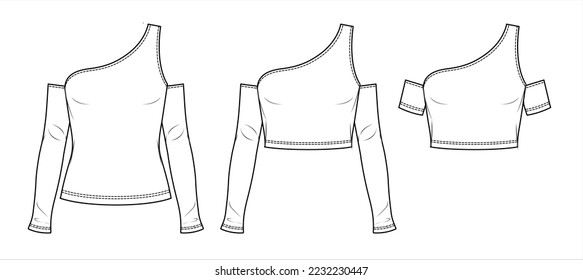 Vector one shoulder long sleeved t shirt fashion CAD, woman winter off shoulder crop top technical drawing, template, sketch, flat, mock-up.Jersey modern 3 pieces set top, white color