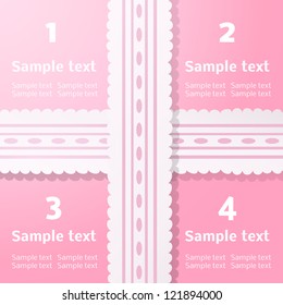 Vector One, Two, Three, Four progress labels with lace holiday ribbon on pink background; realistic cut, takes the background color. Vector illustration for your business presentation.
