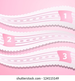 Vector One, Two, Three progress labels with lace holiday ribbon on pink background; realistic cut, takes the background color. Vector illustration for your business presentation.