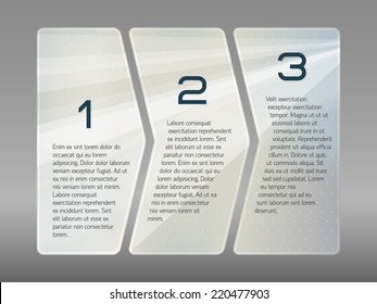 Vector one - two - three progress steps. Bright neutral gray metal theme background with lightbeam flare and point grid. Round corners.