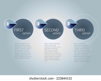 Vector one - two - three progress/process steps. Serious blue color. Circle-based shapes.