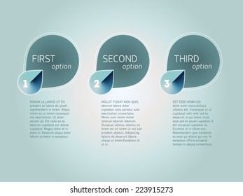 Vector one - two - three progress/process steps. Serious light blue color. Circle-based shapes.