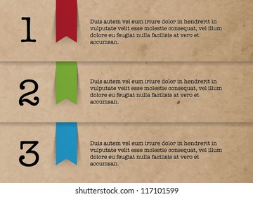 Vector One Two Three steps banners made of an old vintage paper, with paper tags