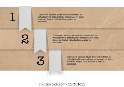 Vector One Two Three steps banners made of an old vintage paper with paper tags