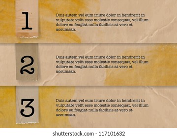 Vector One Two Three steps banners made of an old vintage paper, with hand painted yellow watercolor daubs and torn paper tags