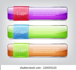 Vector One Two Three steps banners with glossy colorful tags
