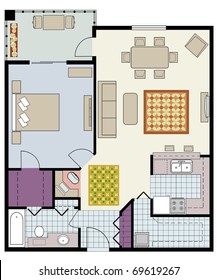 Vector of one-bedroom condo with furniture