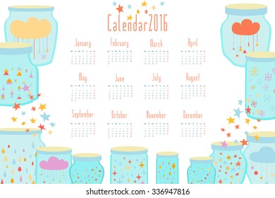 Vector one-page calendar for 2016. Banks of different shapes with snowflakes, balls, Christmas trees, stars and other festive. Editable illustration