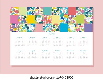 vector one-page horizontal calendar for 2021. Editable and printable template with bright abstract elements: paint strokes, stripes, spots, dots. Planner.