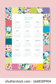 vector one-page vertical calendar for 2021. Editable and printable template with bright abstract elements: paint strokes, stripes, spots, dots. Planner.