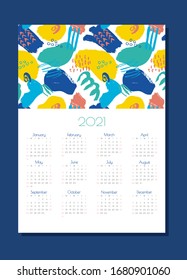 vector one-page vertical calendar for 2021. Editable and printable template with bright abstract elements: paint strokes, stripes, spots, dots. Planner.