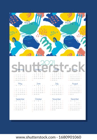 vector one-page vertical calendar for 2021. Editable and printable template with bright abstract elements: paint strokes, stripes, spots, dots. Planner.