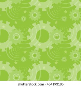 Vector ongoing pattern with green gears. Creative geometric background with wheels.