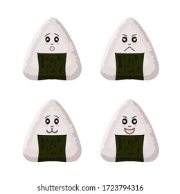 Vector onigiri characters. Onigiri emoji isolated on white background. Kawaii logo design. Japan rice balls